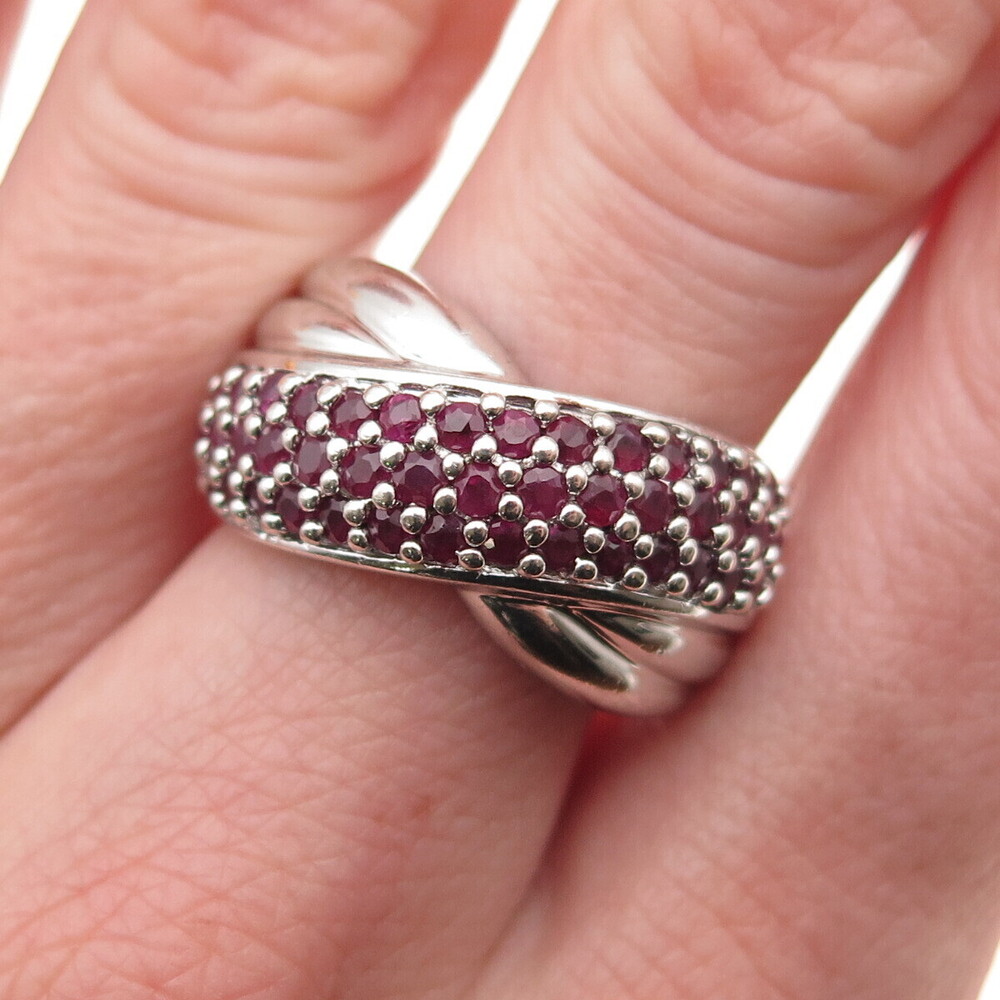 CNA Pranda 925 Sterling Silver Real Round-Cut Ruby Crisscross Ring Size 8
